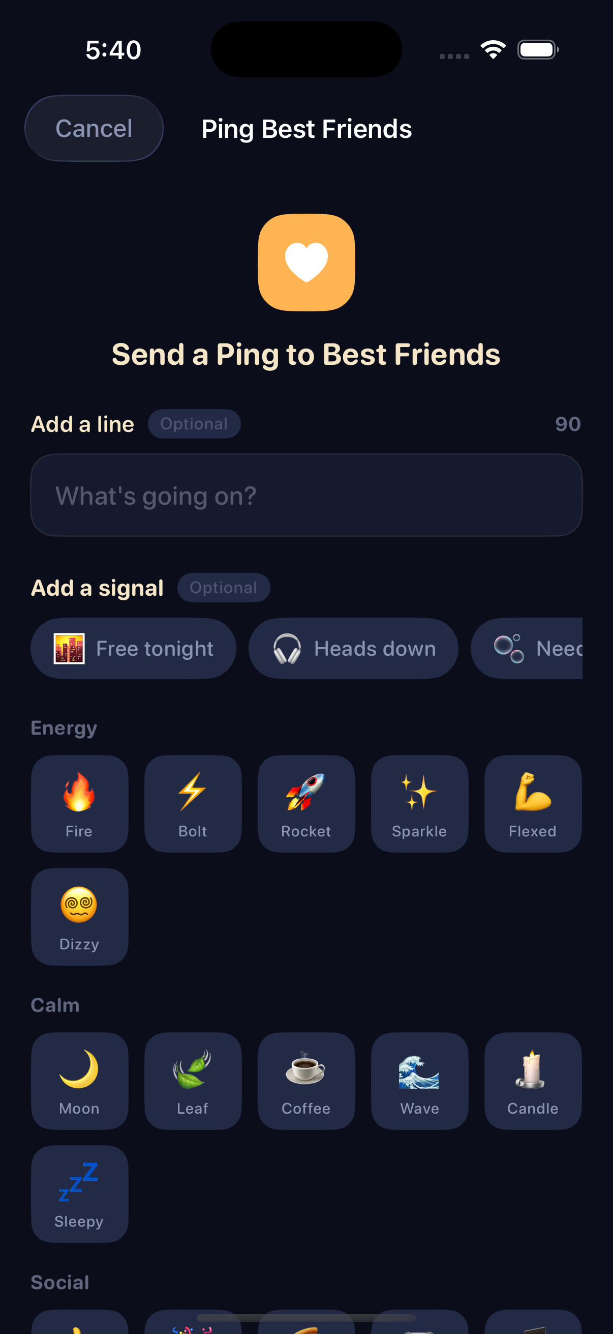 The real PingCircle Ping composer: a glyph grid and an optional 90-character line. No camera button anywhere.