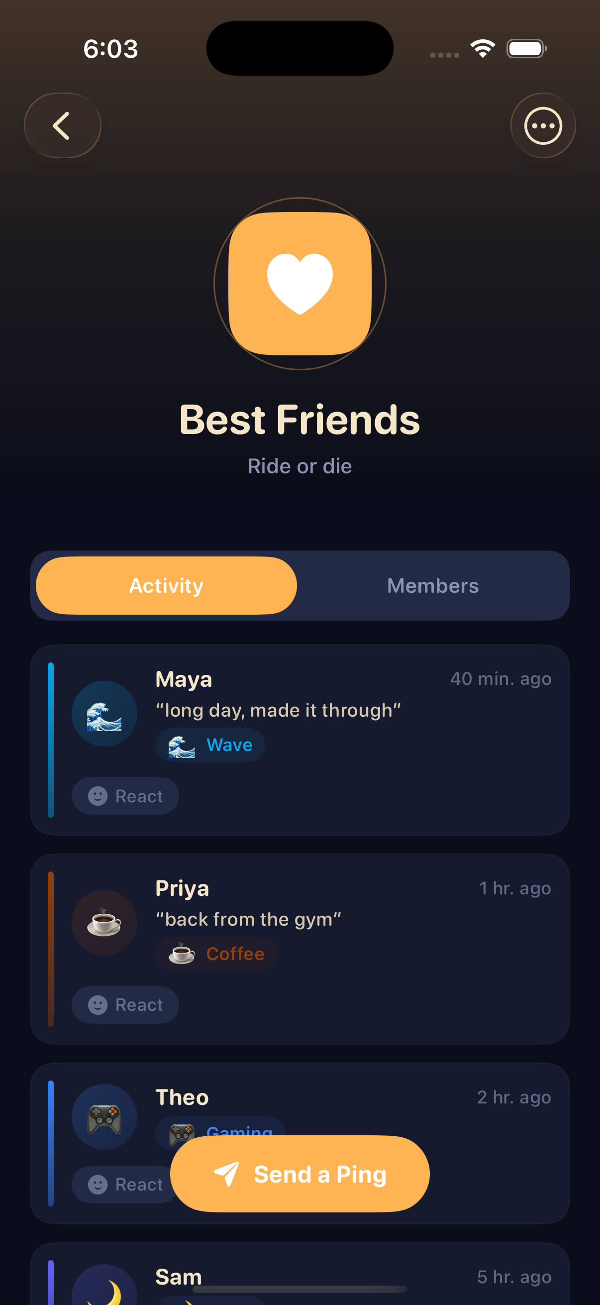 A PingCircle circle screen showing friends' latest Pings: a glyph, a short line, and a time. No photos, no feed.